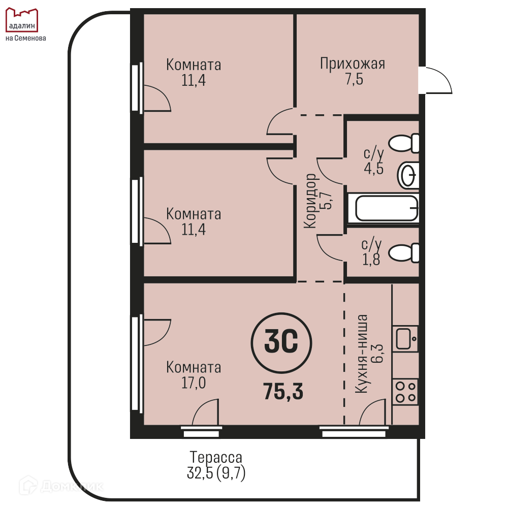 3-комнатная квартира 75.3м2 ЖК Адалин на Семенова