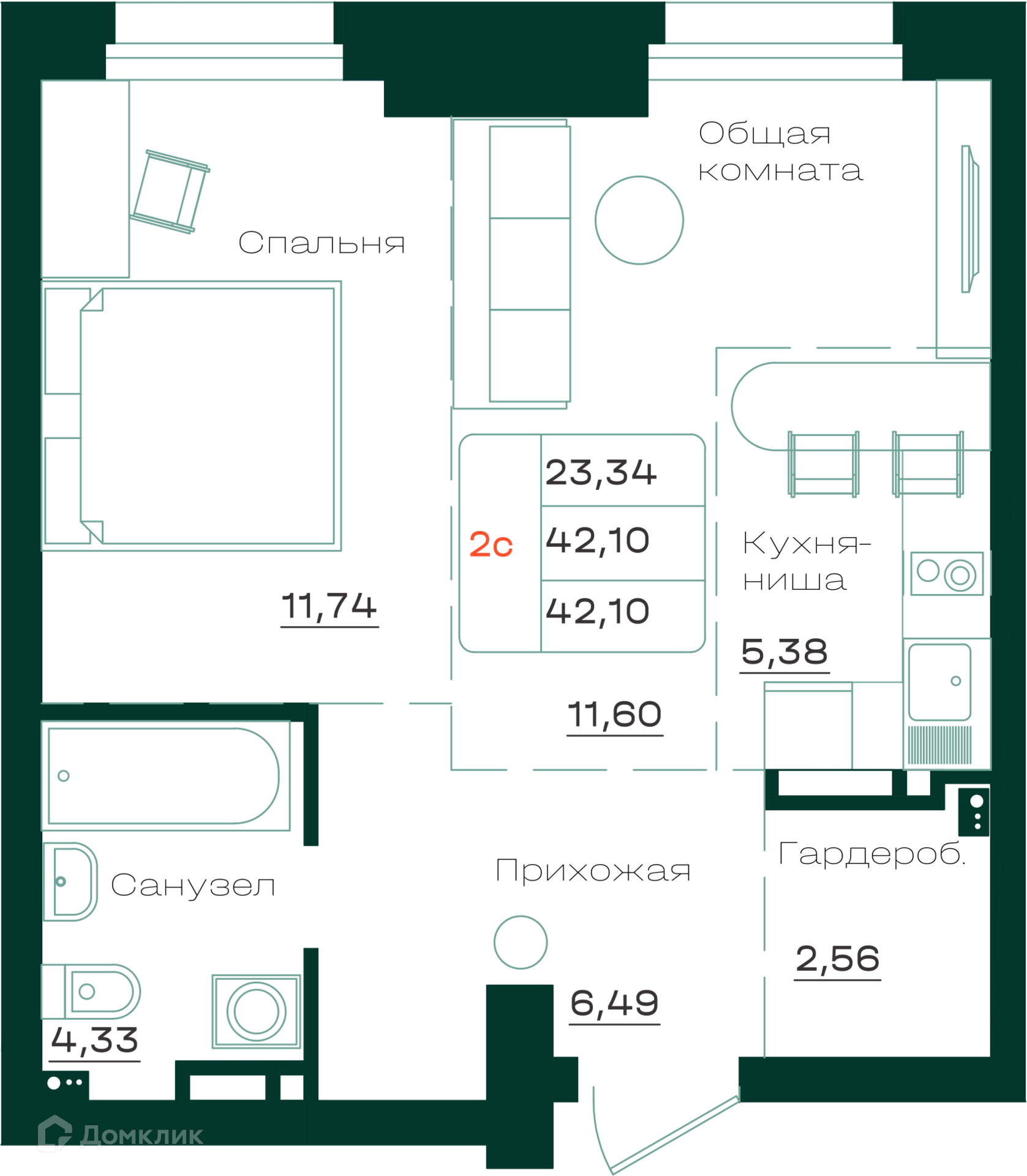 2-комнатная квартира 42.1м2 ЖК Локомотив
