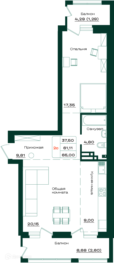 2-комнатная квартира 65м2 ЖК Локомотив