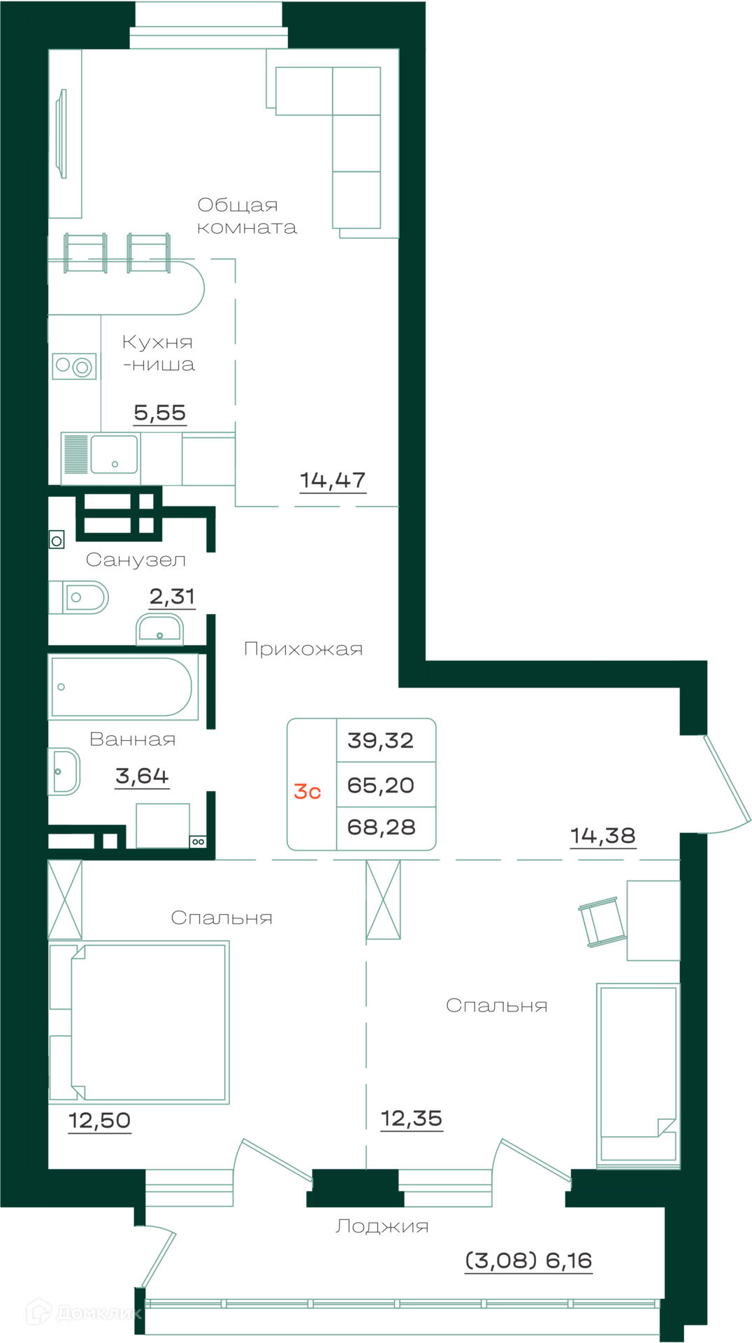 3-комнатная квартира 68.28м2 ЖК Локомотив