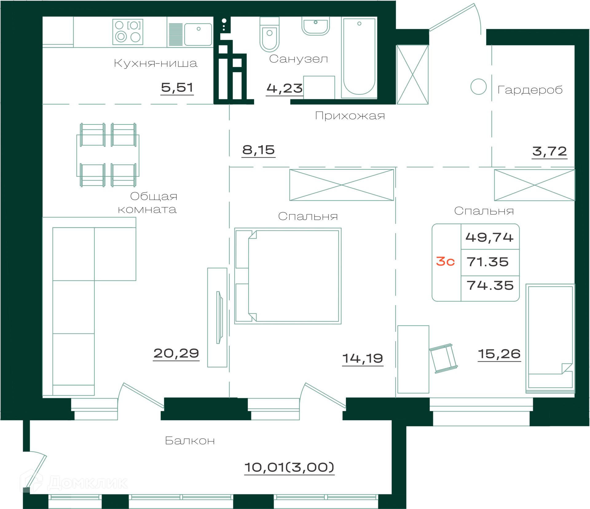 3-комнатная квартира 74.35м2 ЖК Локомотив