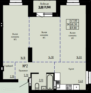 3-комнатная квартира 69.8м2 ЖК Норд-Вест