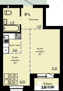 2-комнатная квартира 38м2 ЖК Норд-Вест