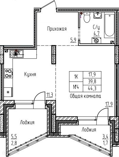 1-комнатная квартира 44.3м2 ЖК Старый город