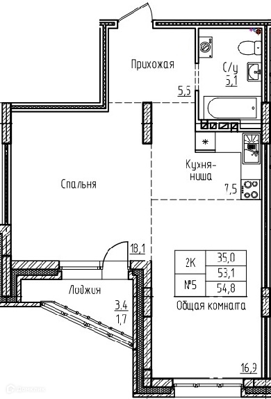 2-комнатная квартира 54.8м2 ЖК Старый город