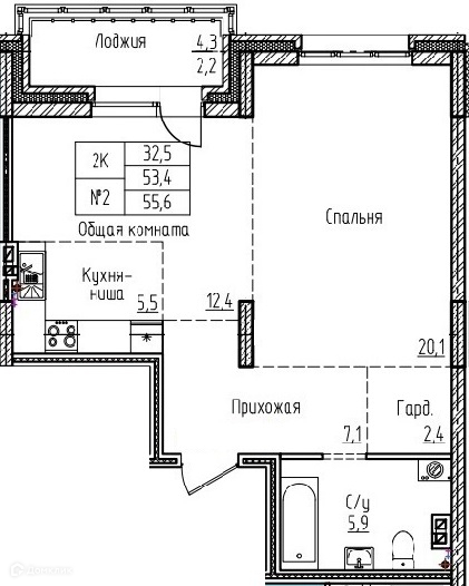 2-комнатная квартира 55.6м2 ЖК Старый город