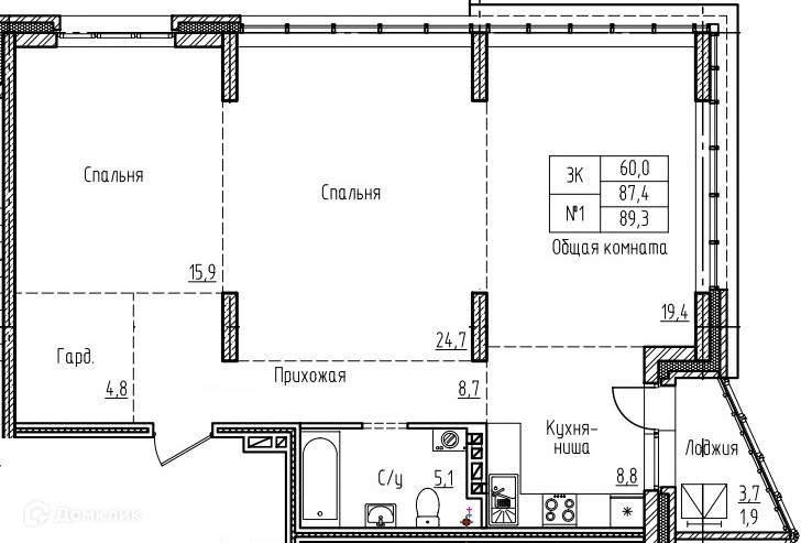 3-комнатная квартира 89.3м2 ЖК Старый город