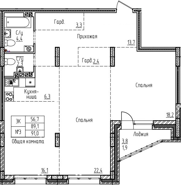 3-комнатная квартира 91м2 ЖК Старый город